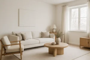 Een minimalistische woonkamer met een beige bank, bijpassende fauteuil en ronde salontafel staat tegen witte muren - wat bewijst dat hoewel sommigen zich afvragen "zijn witte muren ouderwets", ze tijdloze rust en natuurlijk licht bieden in deze serene ruimte.