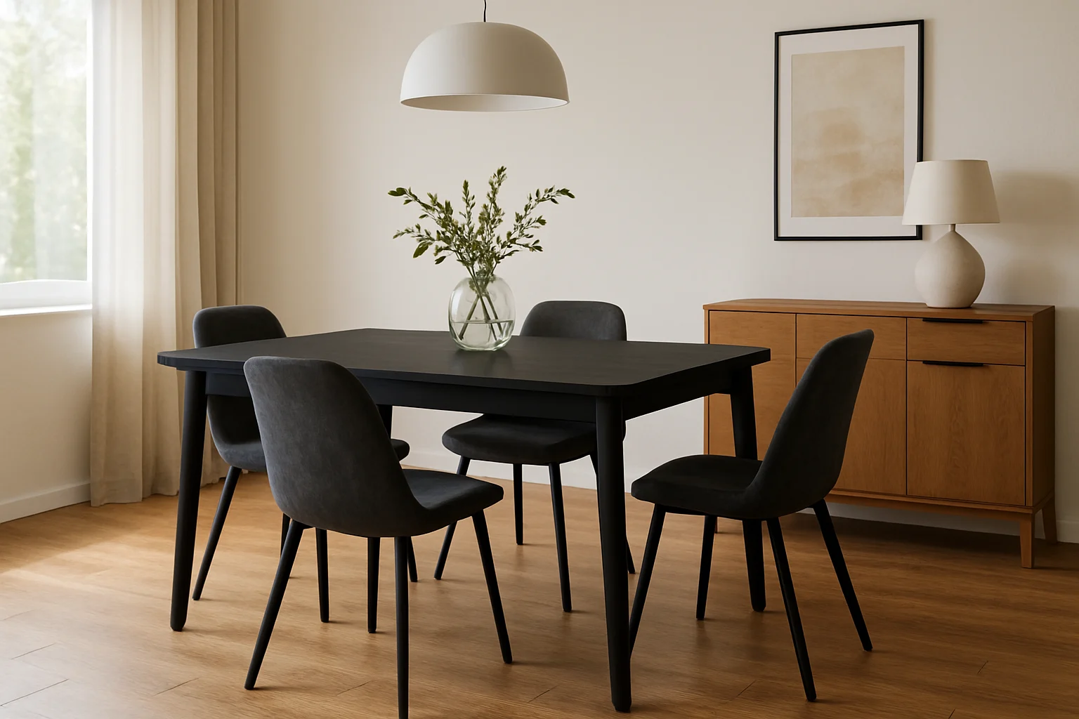 Minimalistische eetkamer met een zwarte tafel, vier donkere stoelen - die je eraan herinneren dat "zijn zwarte eettafels een goed idee" zijn - een glazen vaas met groen, een hanglamp, lichthouten vloeren, een dressoir met lamp, ingelijste kunst en een groot raam met transparante gordijnen.
