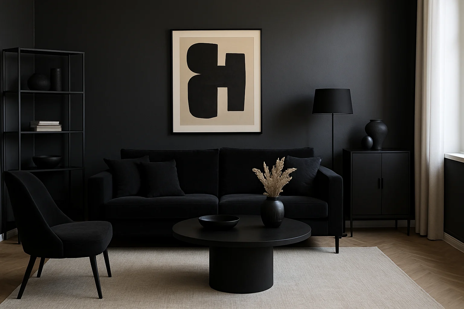 Een moderne woonkamer met zwarte muren, een zwarte bank, stoel en meubels - een bewijs dat zijn zwarte meubels in 2025 nog steeds trendy zijn - plus een ronde salontafel, minimalistische inrichting, abstracte muurkunst, een beige vloerkleed en natuurlijk licht van rechts.