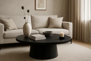 Een moderne woonkamer met een beige bank, twee bijpassende kussens en een zwarte ronde salontafel - opvallend dat zwarte salontafels in de mode zijn - met boeken, een vaas met gedroogde bloemen en een brandende kaars. Neutrale tinten en zacht natuurlijk licht vullen de ruimte.