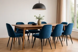 Een moderne eetkamer heeft een houten tafel omringd door acht blauw gestoffeerde stoelen-zo combineer je moeiteloos 6 blauwe! Een zwarte hanglamp hangt erboven, terwijl natuurlijk licht door een groot raam met beige gordijnen stroomt.