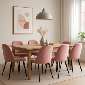 Een moderne eetkamer waar Zo combineer je moeiteloos 6 roze fluwelen stoelen rond een lichte houten tafel, geaccentueerd door een witte hanglamp, abstracte kunst, een vaas met pampagras en natuurlijk licht dat door witte gordijnen naar binnen valt.