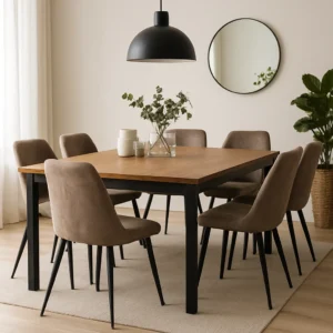 Een moderne eetkamer met een houten tafel, zo combineer je moeiteloos 6 taupekleurige stoelen, een zwarte hanglamp, een ronde wandspiegel, een plant in een geweven pot en groen in een vaas op tafel, alles op een beige vloerkleed.