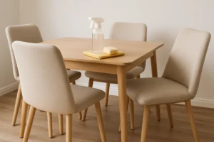 Een houten tafel met vier beige stoelen staat in een minimalistische kamer. Op de tafel liggen een gele doek, een spuitfles en een spons - perfect om schoon te maken. Zo onderhoud je beige eetkamerstoelen eenvoudig in deze simpele en nette setting.