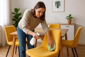Een vrouw demonstreert hoe je gele eetkamerstoelen -zo onderhoud je gele eetkamerstoelen- schoonmaakt met een spuitfles en een groene doek in een lichte eetkamer met potplanten en een houten tafel.