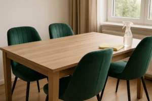 Een houten eettafel met vier groen gestoffeerde stoelen eromheen. Op de tafel liggen een geel schoonmaakdoekje en een spuitfles -zo onderhoud je groene eetkamerstoelen- naast een raam met beige gordijnen.
