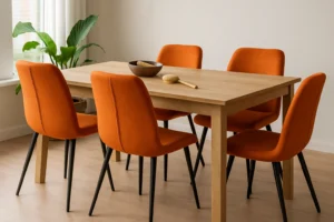 Een lichte houten eettafel met zes oranje gestoffeerde stoelen in een lichte kamer. Als je je afvraagt "Hoe kies je de juiste oranje eetkamerstoelen?", dan is deze opstelling zowel stijlvol als uitnodigend - een plant bij het raam zorgt voor een fris accent.