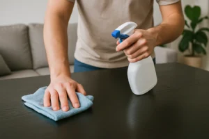 Een persoon is bezig met een zwarte houten tafel schoonmaken, terwijl ze met één hand een blauwe doek gebruiken en met de andere hand reiniger uit een witte fles spuiten; op de achtergrond staan een grijze bank en een plant.