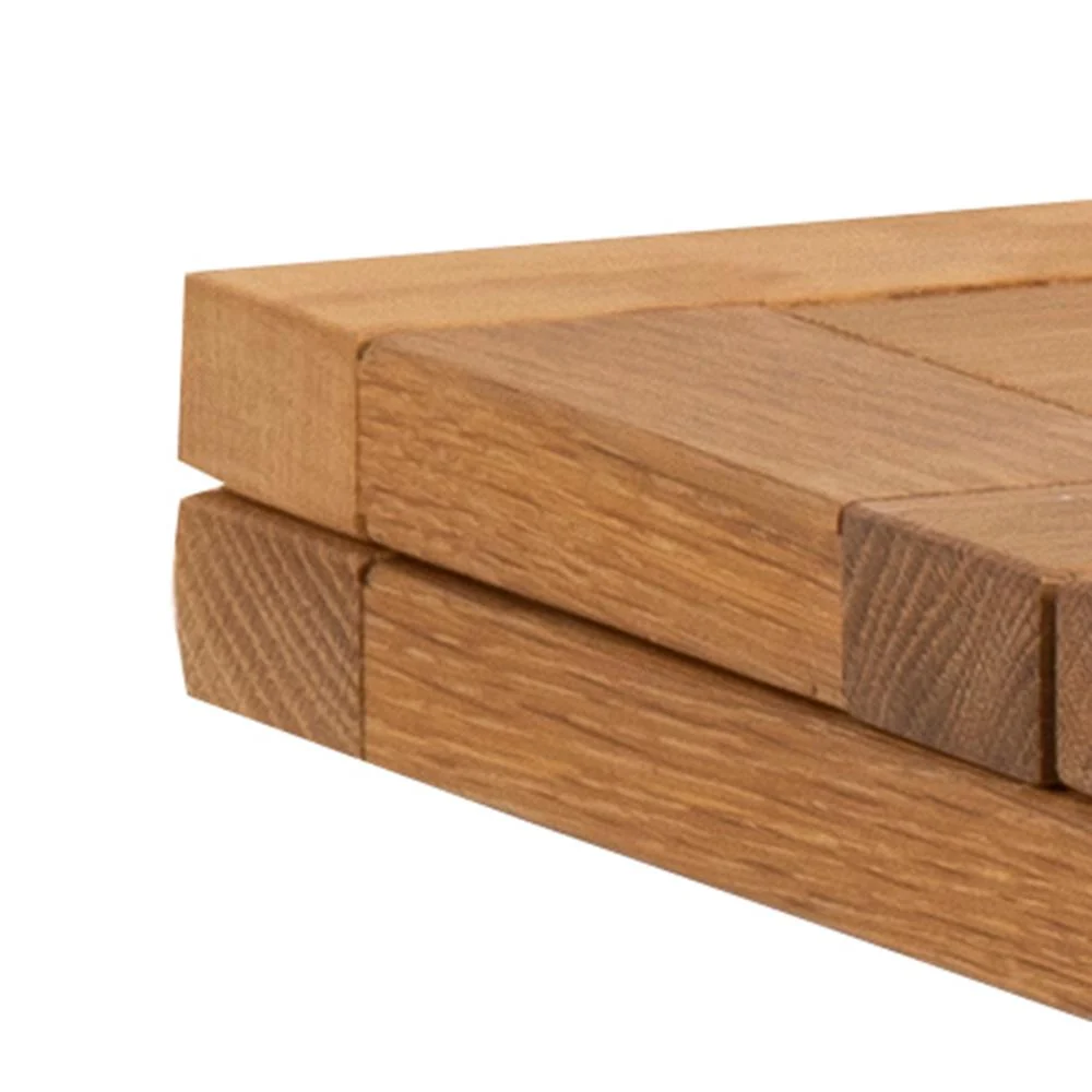 Close-up van de Eettafel Nieuwe Sfeer 90 x 100 CM, een rechthoekige eiken tafel met een natuurlijke afwerking, zichtbare houtnerf en rechte randen.