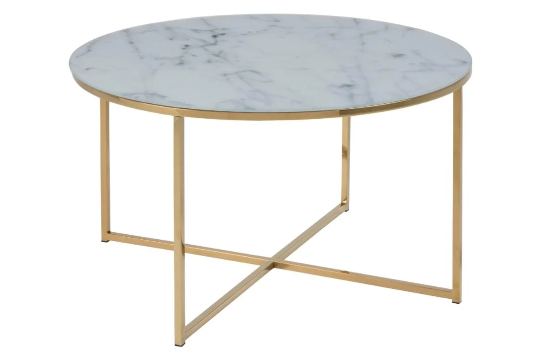 De Salontafel 80 CM Rond Kunststof is een ronde Scandinavische salontafel met een wit marmeren blad en slanke goudkleurige metalen poten in een X-vormig onderstel.