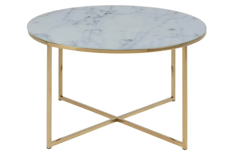 Scandinavische Salontafel 80 CM Rond van kunststof met een wit marmerlook blad en gouden metalen poten met kruisende balk aan de basis.