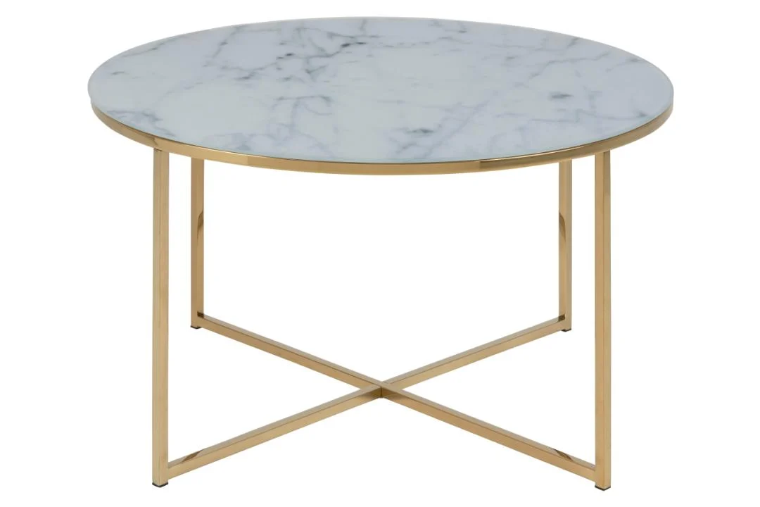 Scandinavische Salontafel 80 CM Rond van kunststof met een wit marmerlook blad en gouden metalen poten met kruisende balk aan de basis.