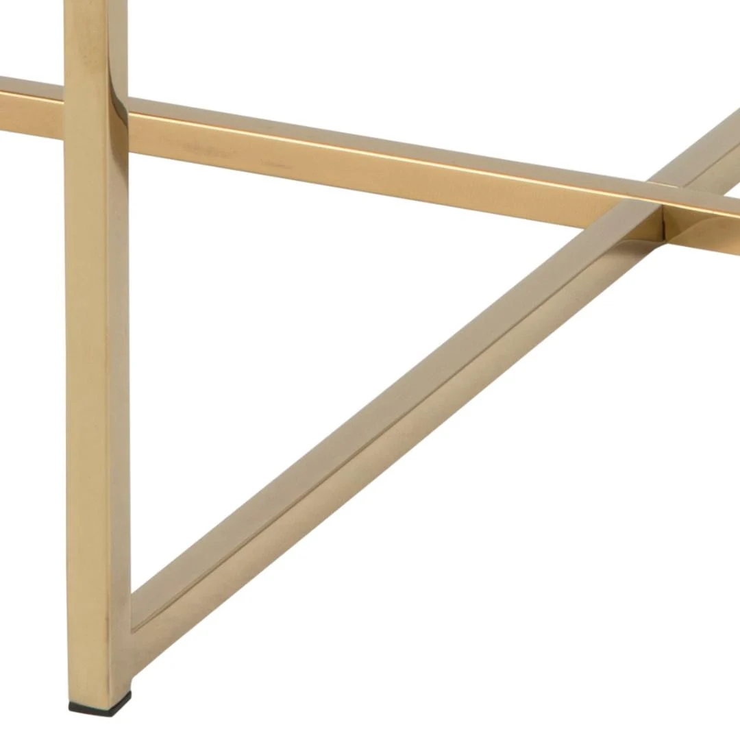 Close-up van de goudkleurige metalen poten en dwarsbalksteunen van de Salontafel 80 CM Rond Kunststof, met de nadruk op het Scandinavische geometrische ontwerp en de strakke lijnen tegen een effen witte achtergrond.