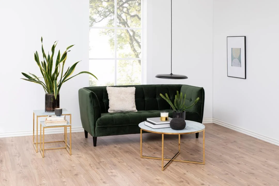 Een moderne woonkamer met een groen fluwelen bank, witte kussens, twee bijzettafels in goudkleurig frame, planten in potten en een salontafel 80 CM Rond Kunststof. Groot raam met natuurlijk licht en minimalistische Scandinavische inrichting op lichte houten vloeren.