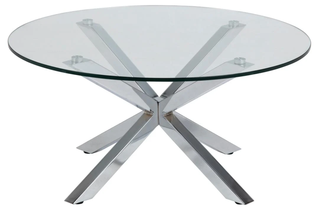 De Salontafel Transparant 82 CM Rond is een ronde tafel van transparant kunststof met een modern onderstel met vier schuine poten die elkaar in het midden kruisen.