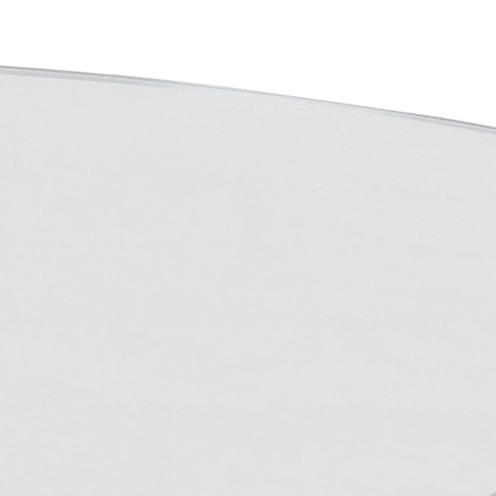 Een close-up van de Salontafel Transparant 82 CM Rond, gemaakt van gladde, gebogen transparante kunststof tegen een effen witte achtergrond.