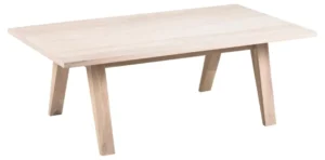 De Salontafel Roest is een rechthoekige salontafel van eikenfineer (eikenfineer) in wit, 70 x 45 cm, met vier schuine poten, afgebeeld op een witte achtergrond.