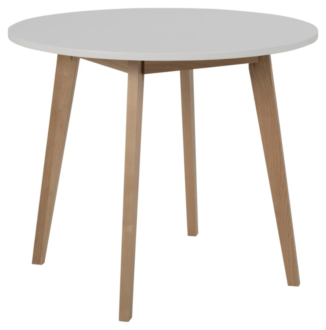 De Eettafel Nieuwe Sfeer 90 CM Rond MDF Massief heeft een glad wit blad en vier lichte houten poten met een eenvoudig en modern ontwerp tegen een effen witte achtergrond.