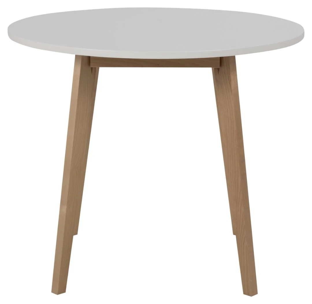 De Eettafel Nieuwe Sfeer 90 CM Rond MDF Massief is een ronde tafel met een glad wit tafelblad en drie lichthouten poten tegen een effen witte achtergrond.