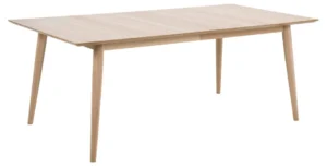 De Eettafel Nieuwe Sfeer is een rechthoekige eiken eettafel, 200 x 100 cm, met een lichte afwerking en vier schuine poten, afgebeeld op een witte achtergrond.