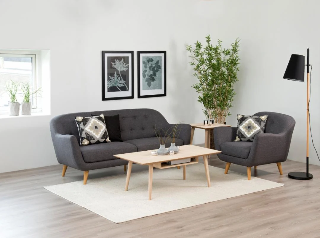Een moderne woonkamer met een grijze bank en fauteuil, kussens met patroon, een Salontafel Wit 60 x 42 CM Rond in eikenfineer, een plant in pot, zwarte vloerlamp, ingelijste kunst aan de muur en een licht vloerkleed op een houten vloer.