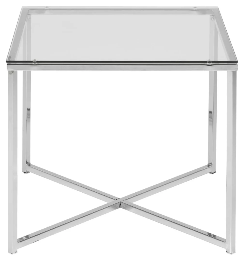 De Bijzettafel 50 x 50 CM Vierkant Kunststof is een moderne vierkante bijzettafel met een helder glazen blad en een stijlvol zilver metalen frame met een X-vormige voetsteun.