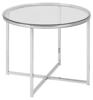 De Bijzettafel 55 CM Rond Kunststof is een ronde salontafel met een helder glazen blad en een modern zilver metalen X-vormig onderstel.