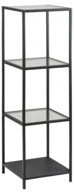 Rechtopstaande metalen boekenkast met gehard glazen planken, mat zwart frame tegen een witte achtergrond.