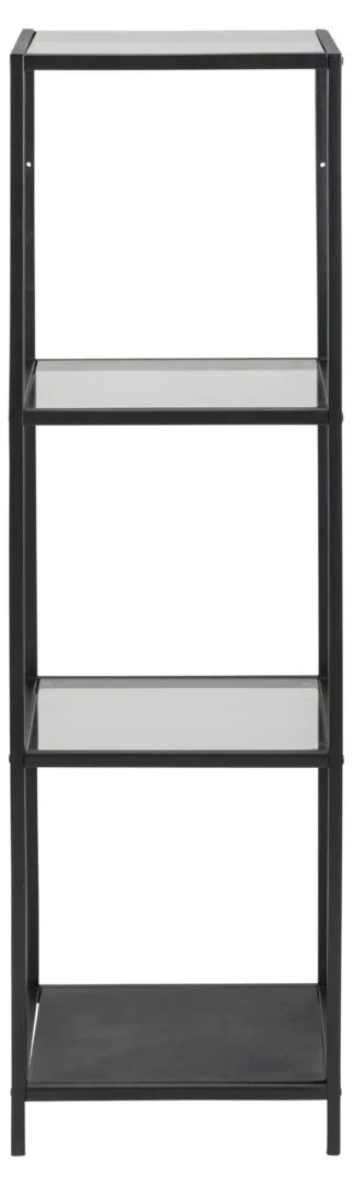Rechte foto van een zwarte metalen boekenkast met vier gehard glazen planken tegen een witte achtergrond in heldere verlichting.