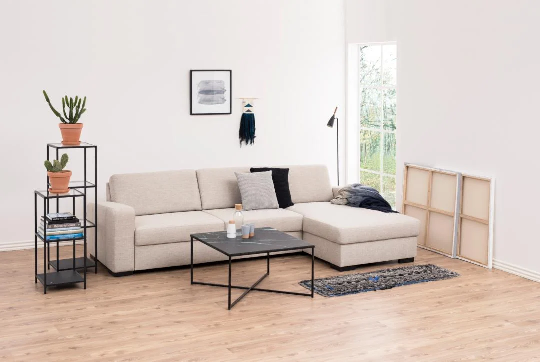 Een moderne woonkamer met de Seaford boekenkast, een lichtbeige sofa, een zwart metalen salontafel, gestapelde schilderijen, een plantenstandaard met cactussen in potten en een raam dat natuurlijk licht binnenlaat.