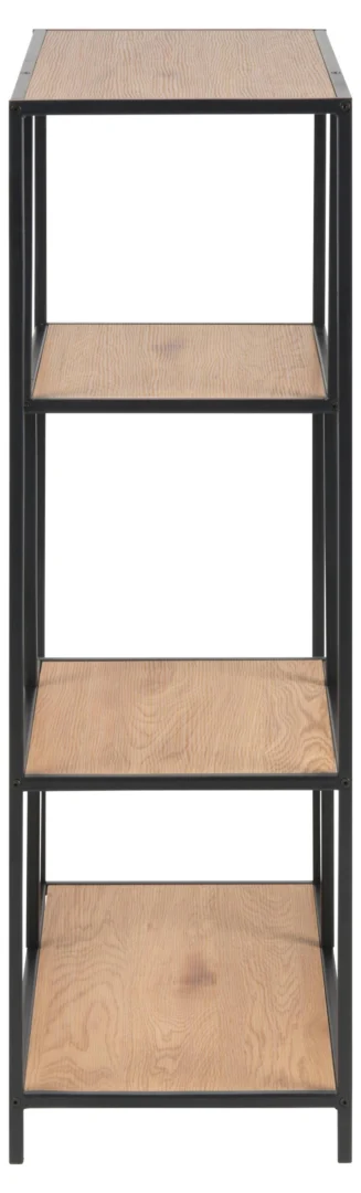 De Seaford boekenkast is een viervaks kast met een zwart metalen frame en houten planken, van voren gezien tegen een witte achtergrond.