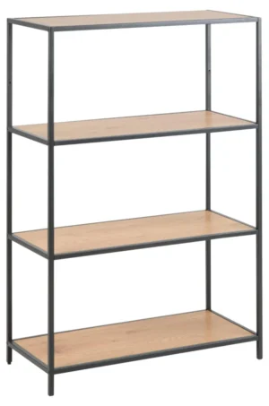 De Seaford boekenkast is een minimalistische, moderne kast met vier lichthouten planken en een zwart metalen frame met vier poten.