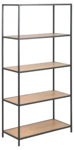 De Seaford boekenkast is een hoge, vrijstaande stellingkast met een zwart metalen frame en vier houten planken, perfect voor opslag of display in je huis of kantoor.