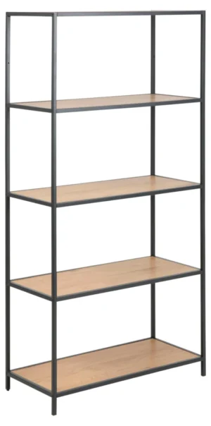 De Seaford boekenkast is een hoge, vrijstaande stellingkast met een zwart metalen frame en vier houten planken, perfect voor opslag of display in je huis of kantoor.