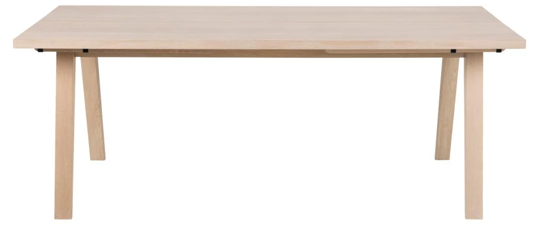 De Eettafel Nieuwe Sfeer 200 x 95 CM is een rechthoekige tafel gemaakt van spaanplaat, met een lichte natuurlijke afwerking, vier rechte poten en een minimalistisch ontwerp.