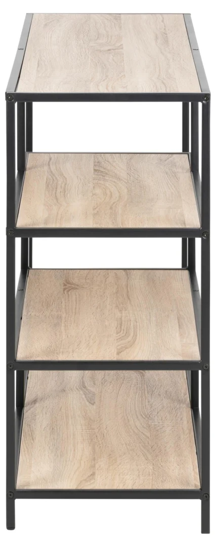 Rechte foto van een stalen boekenkast met vier Sonoma eikenhouten planken. De planken hebben een lichte houtnerf en het frame is zwart.