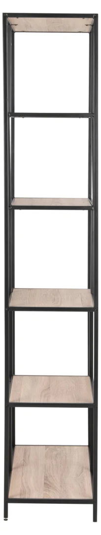 De Seaford boekenkast is een hoge, smalle kast met een zwart metalen frame en vijf lichthouten planken, afgebeeld tegen een witte achtergrond.