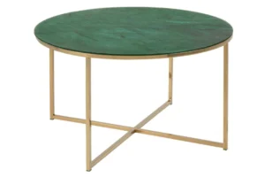 De Salontafel Groen 80 CM Rond Kunststof heeft een rond groen blad en slanke goudkleurige metalen poten in een X-vormig onderstel.