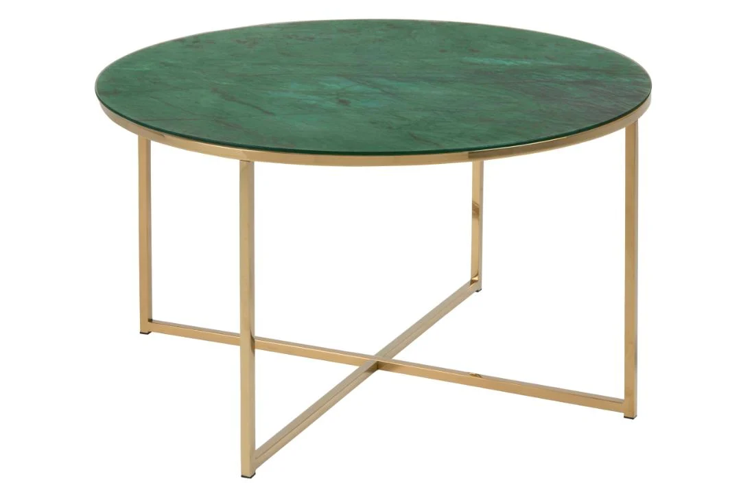 De Salontafel Groen 80 CM Rond Kunststof heeft een rond groen blad en slanke goudkleurige metalen poten in een X-vormig onderstel.