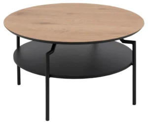 De Salontafel Zwart 80 CM Rond Kunststof Mat heeft een licht houten blad, zwarte metalen poten en een zwarte ronde plank eronder - alles in een modern, minimalistisch ontwerp.