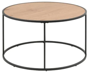 De Salontafel Zwart 80 CM Rond Kunststof is een ronde, Scandinavische salontafel met een blad in lichte houtlook en een slank zwart frame, dat een open, minimalistische stijl biedt.