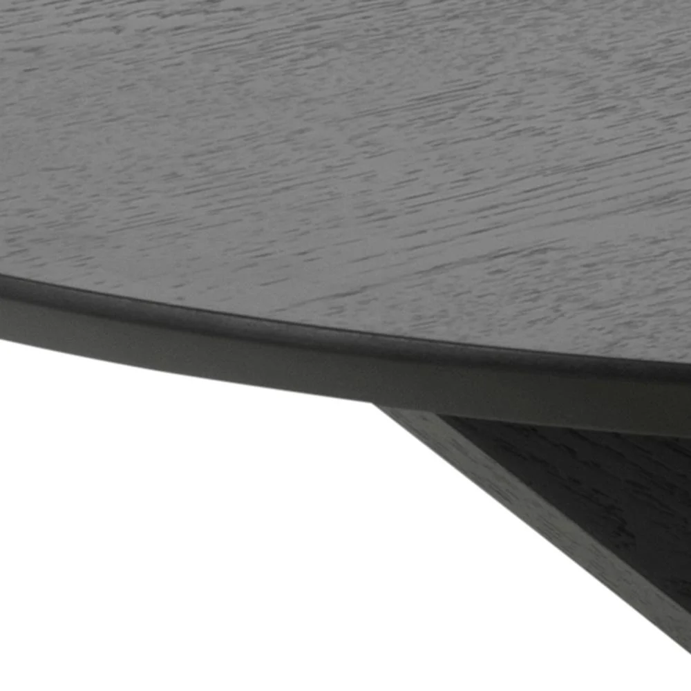 Close-up van de rand en onderkant van de Salontafel Zwart 80 CM Rond Eikenfineer, met nadruk op de ronde vorm en het donkere eikenfineer met zichtbare nerfstructuur.