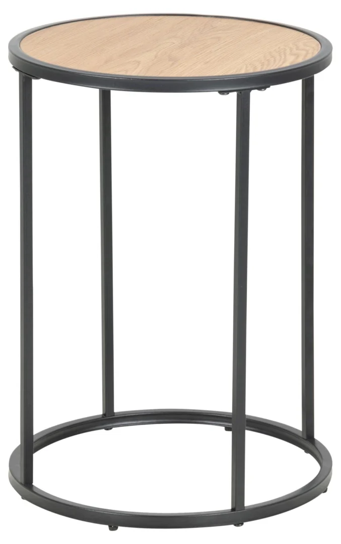 De Bijzettafel Zwart 40 CM Rond Kunststof is een compacte, kleine ronde bijzettafel met een licht houtlook blad en een zwart metalen frame met vier verticale poten die verbonden zijn door een ronde voet.