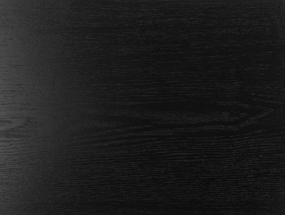 Een close-up van het zwarte houten oppervlak van de Seaford boekenkast benadrukt de zichtbare nerfpatronen en horizontale texturen.