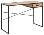 Industrieel bureau eikenlook met zwart metalen frame en lade.