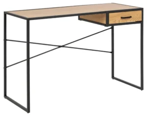 Industrieel bureau eikenlook met zwart metalen frame en lade.
