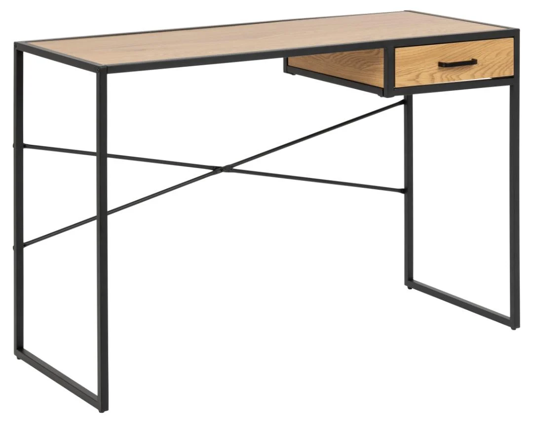 Industrieel bureau eikenlook met zwart metalen frame en lade.