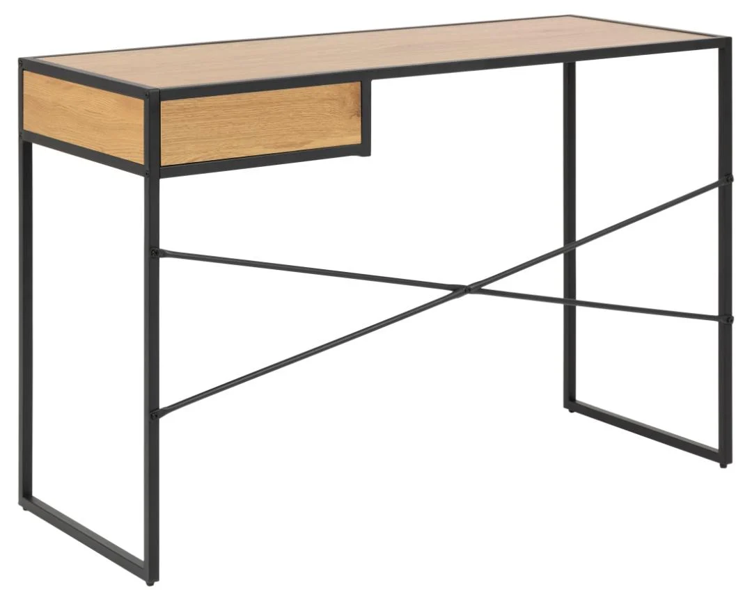 Industriële bureau eikenlook met zwart metalen frame en lade. Bureau 110x45x75 cm.