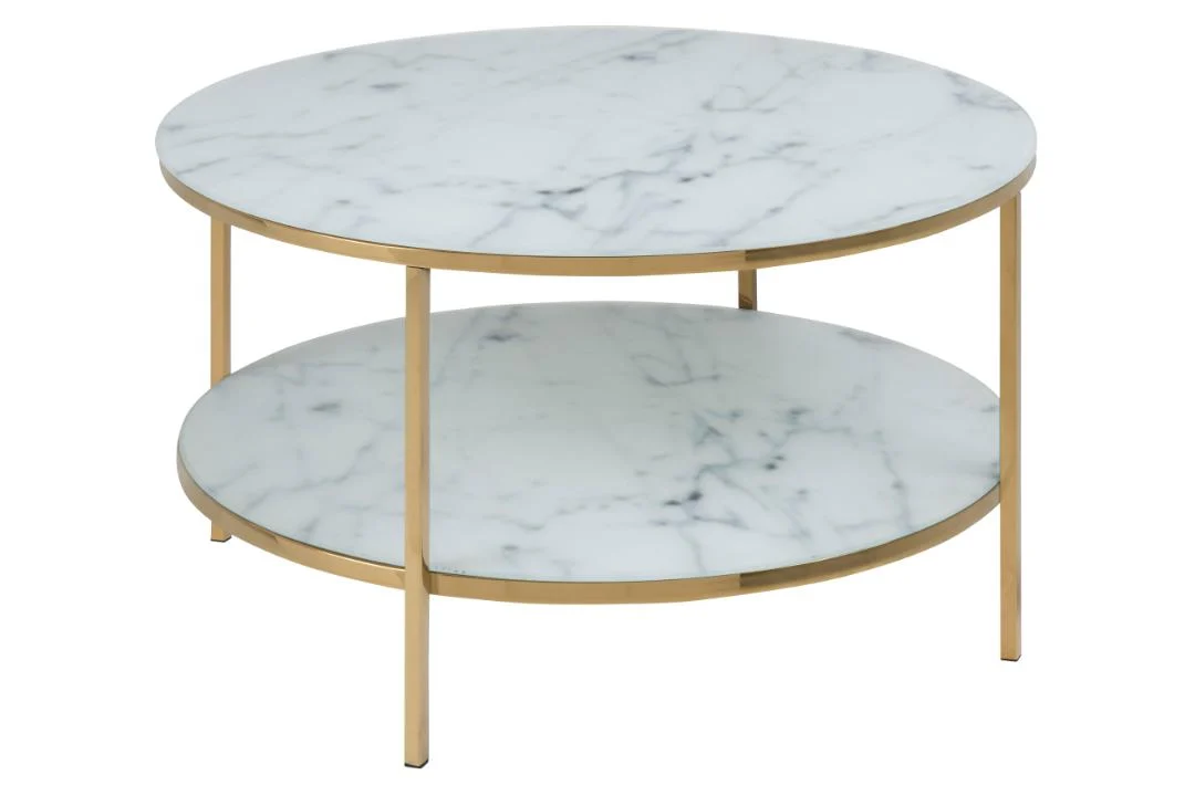 Salontafel Goud, Wit 80 CM Rond Kunststof: ronde koffietafel met gouden metalen frame en twee wit-marmerlook oppervlakken-een tafelblad en een extra onderplank.
