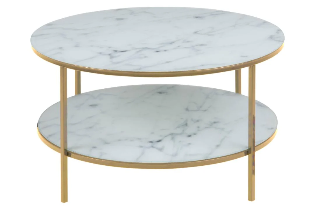 De Salontafel Goud, Wit 80 CM Rond Kunststof is een moderne, minimalistische ronde salontafel met een wit marmeren blad en onderblad met grijze adering, ondersteund door een slank goud metalen frame en poten.